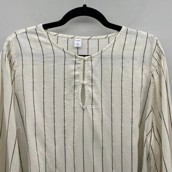 Old Navy Metallic-Stripe Smocked-Shoulder Top in Cream/Black/Gold - Picture 4 of 7